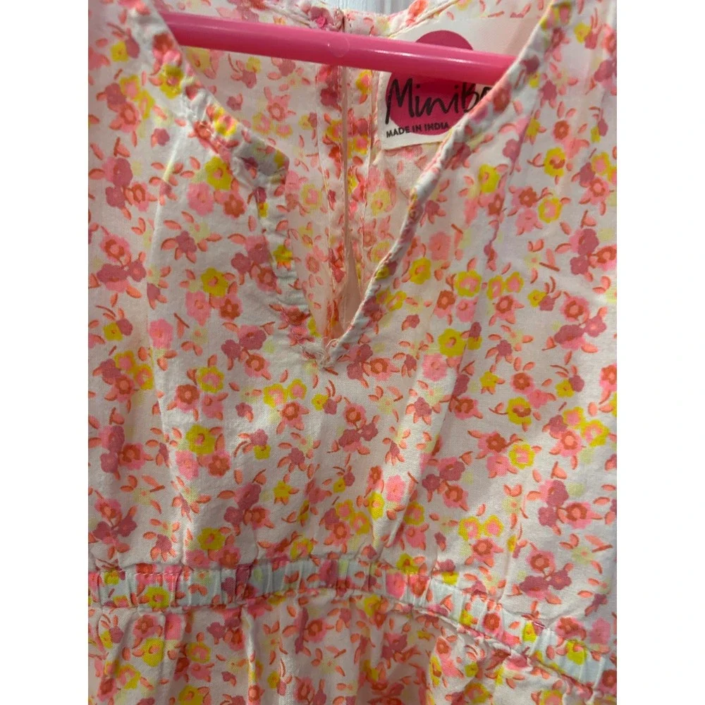 Mini Boden Dress Pink Orange Floral Pom Pom Trim Short‎ Sleeve Girls 5-6Y
